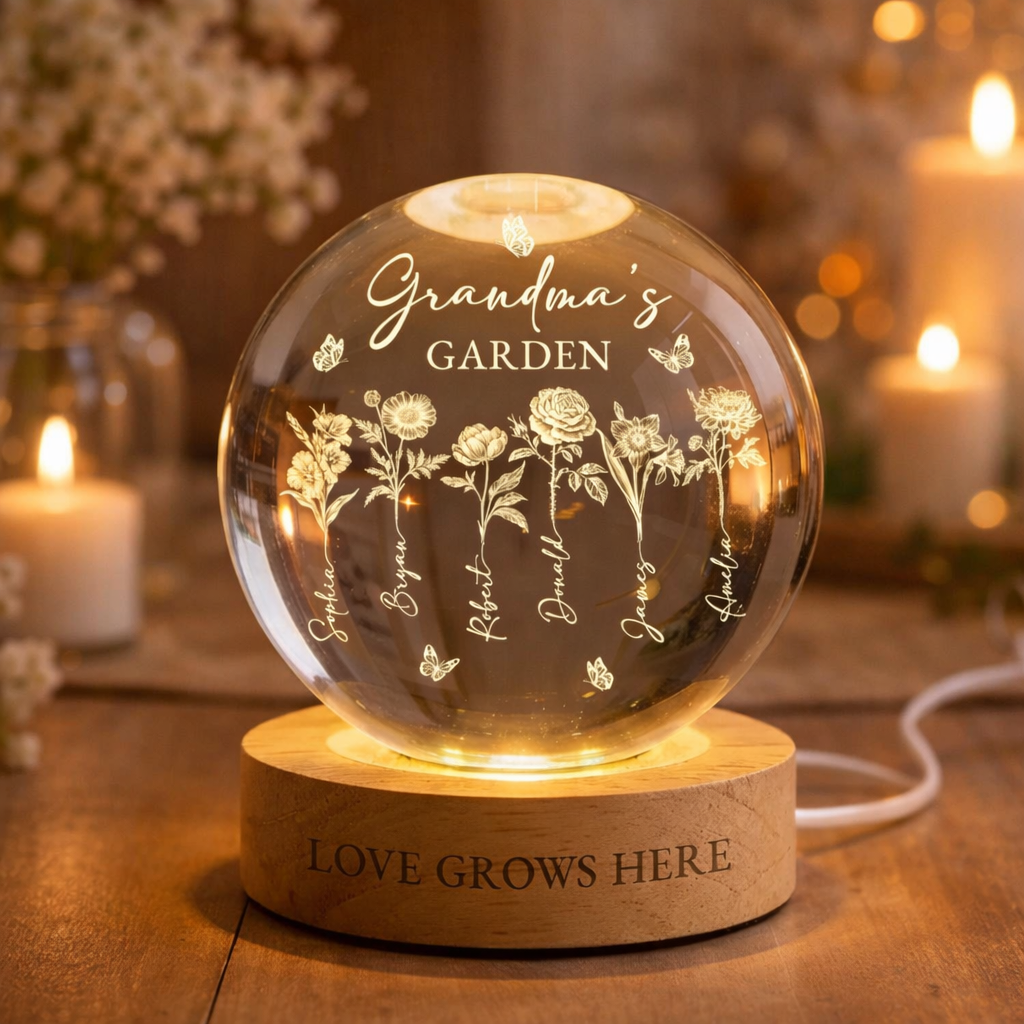 Personalized Grandma's Garden Birth Month Flower Crystal Ball LED Night Light Mother's Day