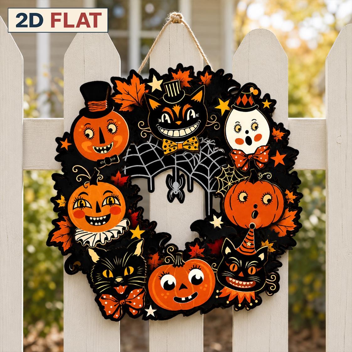Halloween Wooden Wreath Vintage Pumpkin Ghost Cat Door Hanger