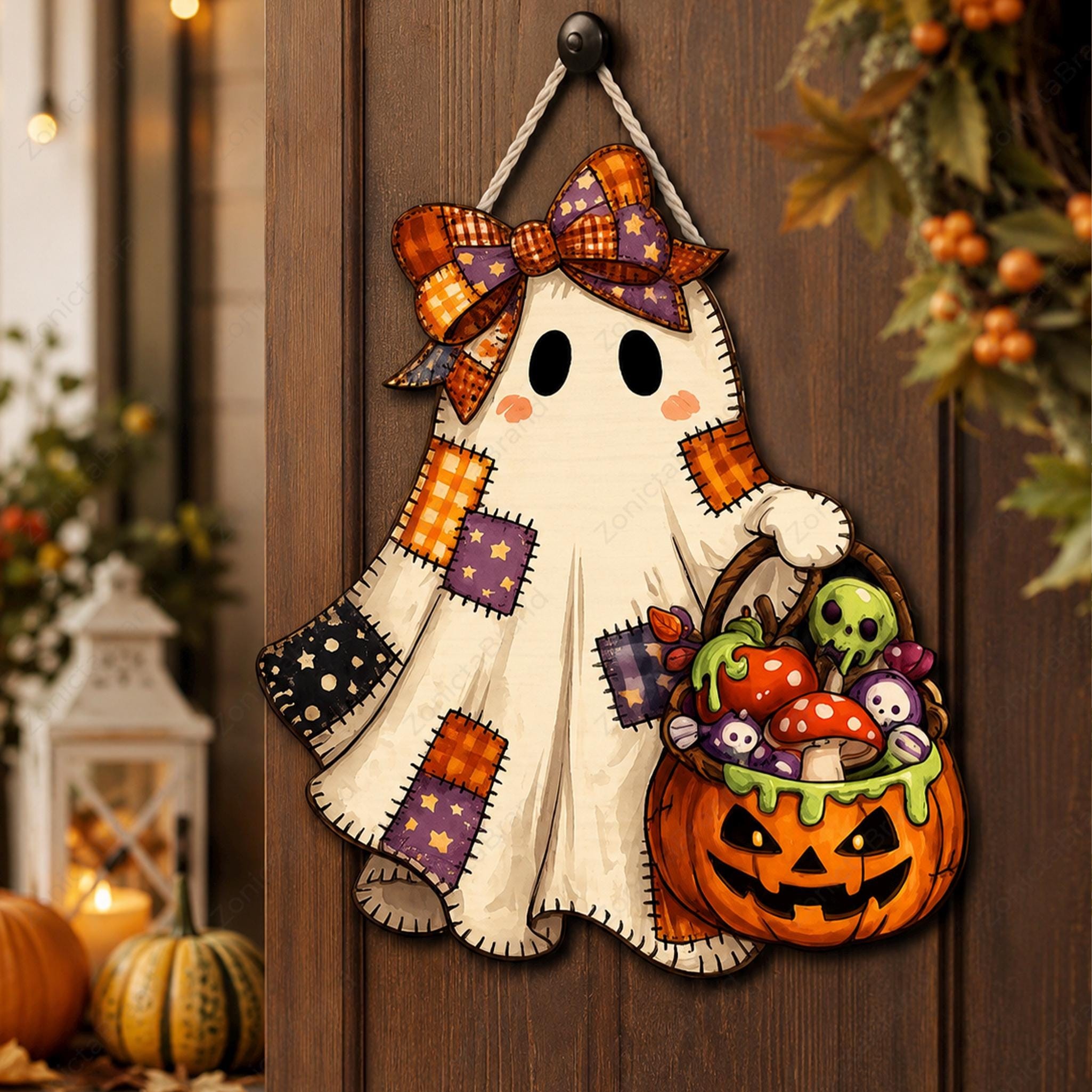 Patchwork Ghost Wooden Door Hanger Halloween Fall Door Sign