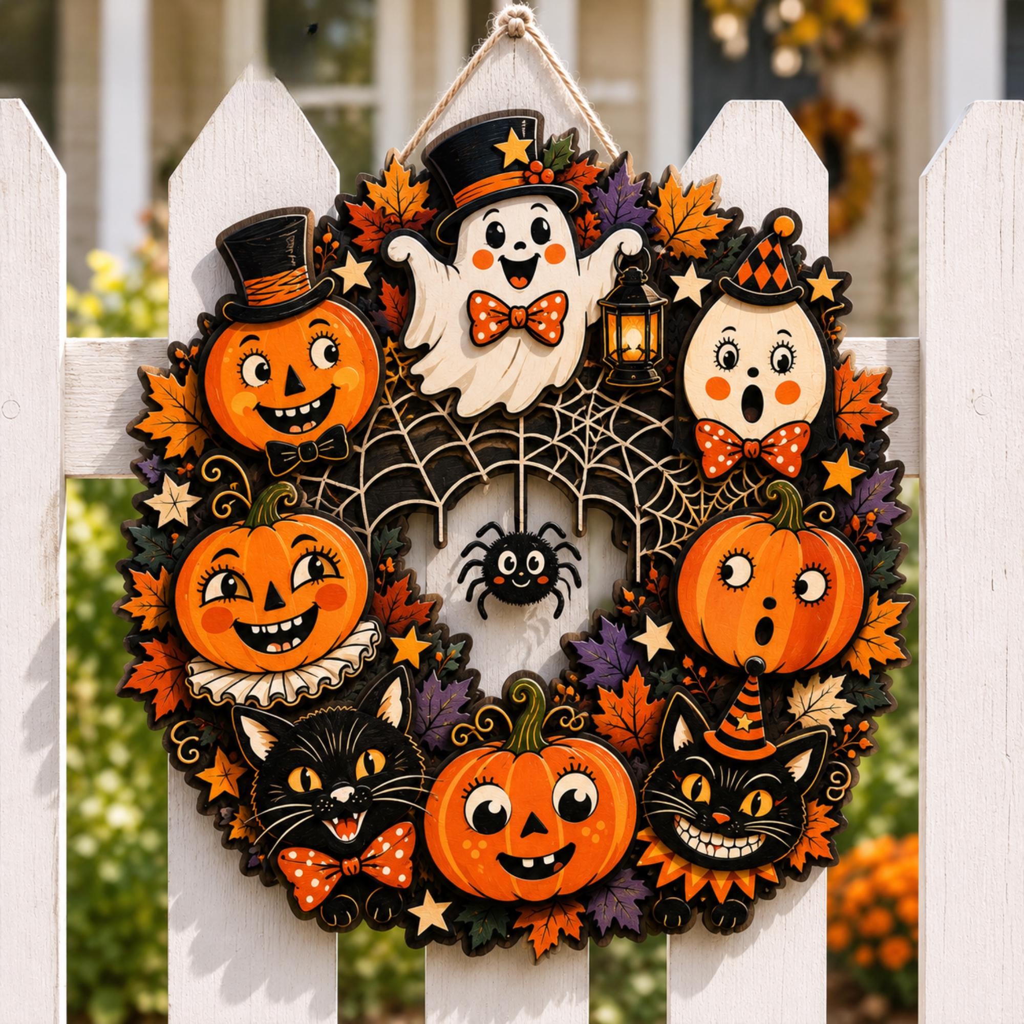 Halloween Wooden Wreath 3D Vintage Pumpkin Ghost Cat Door Hanger