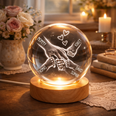 Personalized Mommy And Kids Holding Hands Crystal Ball LED Night Light Mother's Day