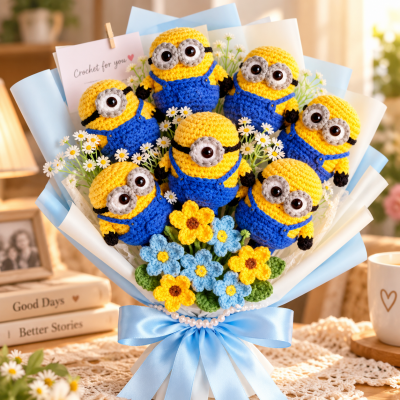 Handmade Crochet Yellow Buddy Bouquet – Cute Character Flower Arrangement, Forever Flowers Gift