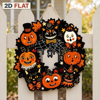 Halloween Wooden Wreath Vintage Pumpkin Ghost Cat Door Hanger