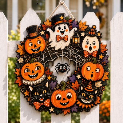Halloween Wooden Wreath 3D Vintage Pumpkin Ghost Cat Door Hanger